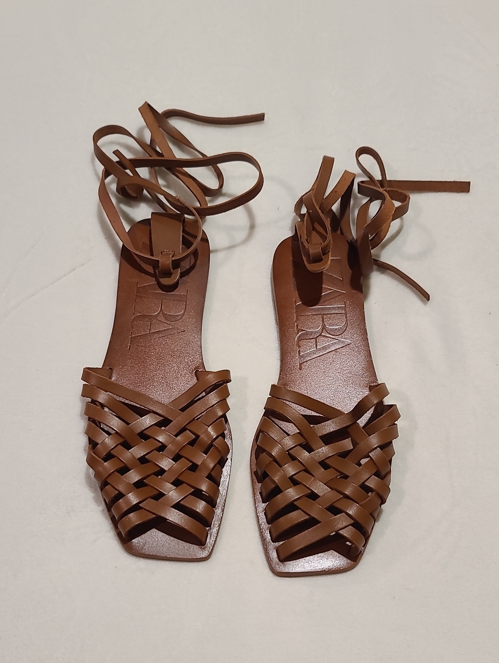 Zara Brown Woven Leather Lace-Up Sandals - Picture 2 of 7